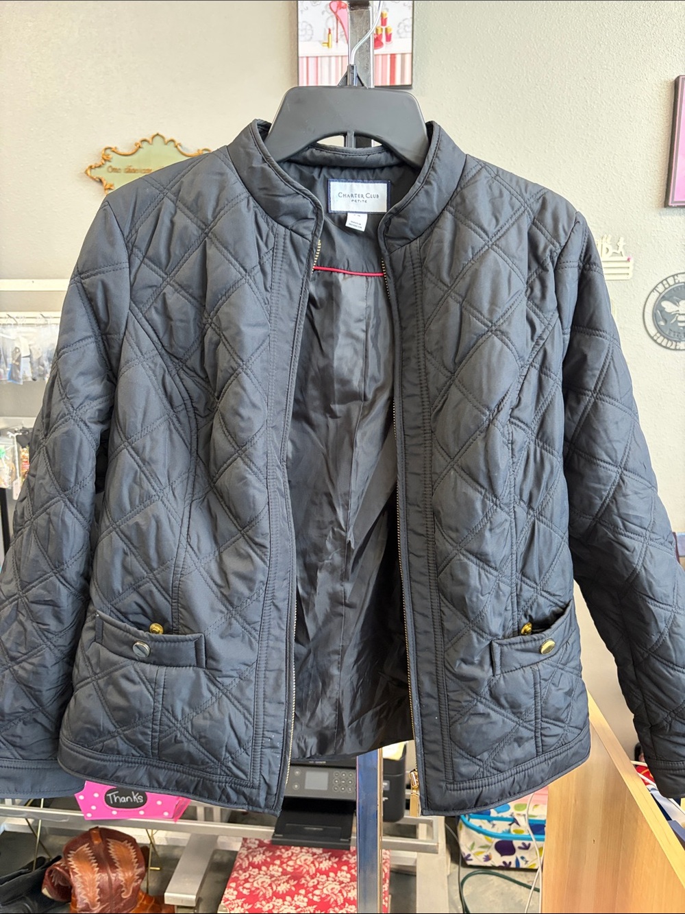Charter Club Black Quilted Puffer Jacket with Gold-Tone Buttons HZZVY5